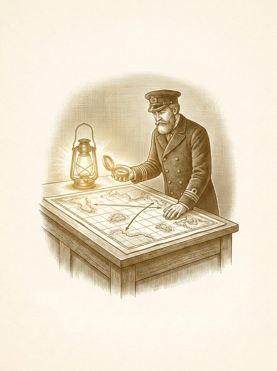 Engraved gold illustration: a captain at a lantern-lit chart table, compass in hand, choosing between two inked routes