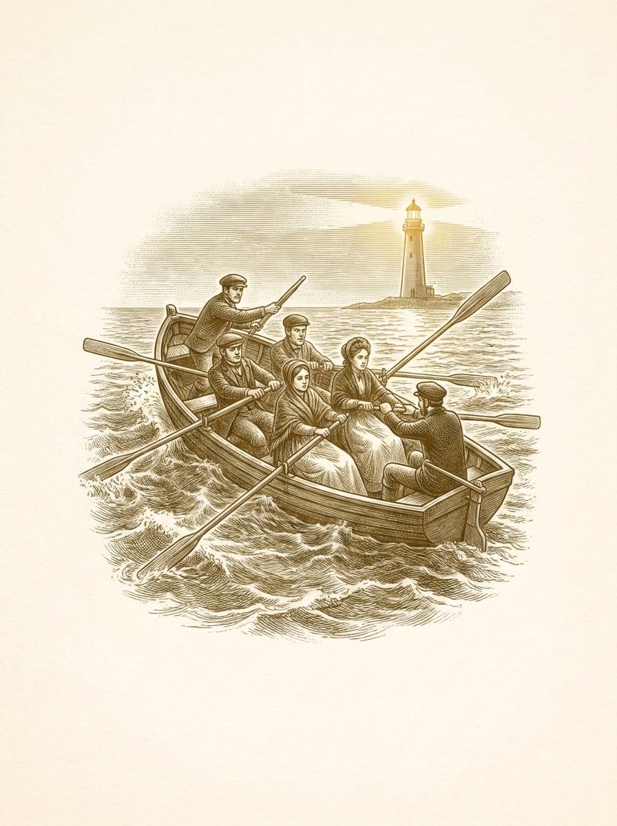 Engraved gold illustration: six rowers pulling one small boat in different directions while a lighthouse glows on the horizon
