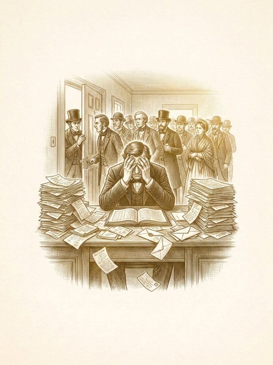 Engraved gold illustration: a clerk buried in loose paper while a queue of customers waits at the door