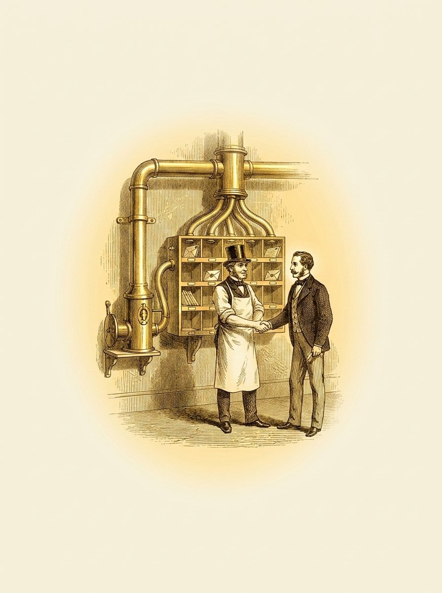Engraved gold illustration: a brass pneumatic-tube system sorting letters neatly while the shopkeeper shakes a customer's hand