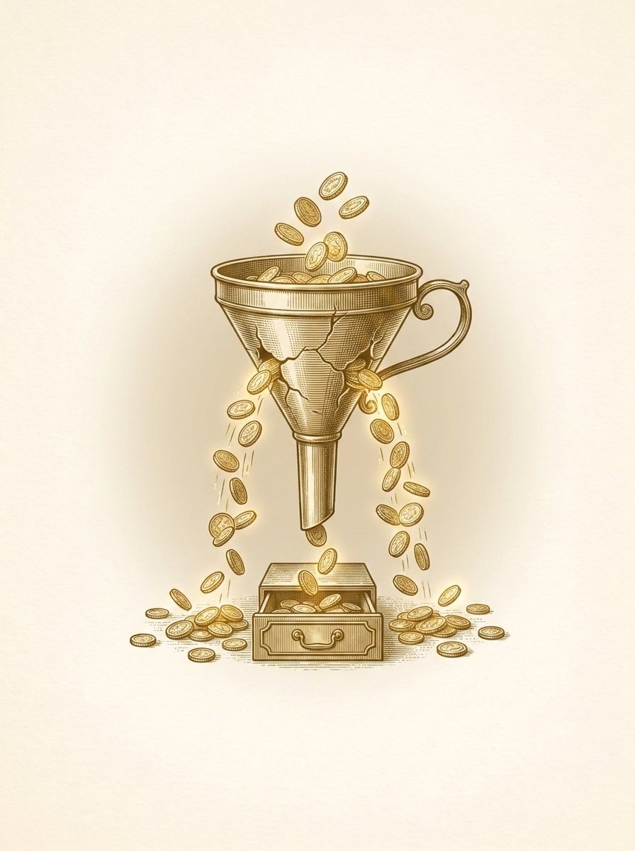 Engraved gold illustration: a brass funnel leaking gold coins through its seams before they reach the drawer