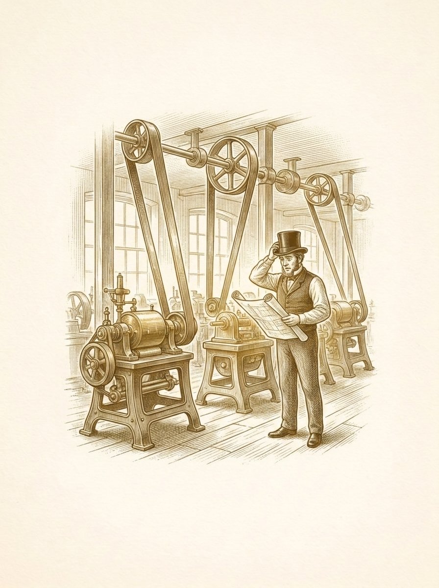 Engraved gold illustration: a factory of fine machines standing disconnected, their belts hanging loose