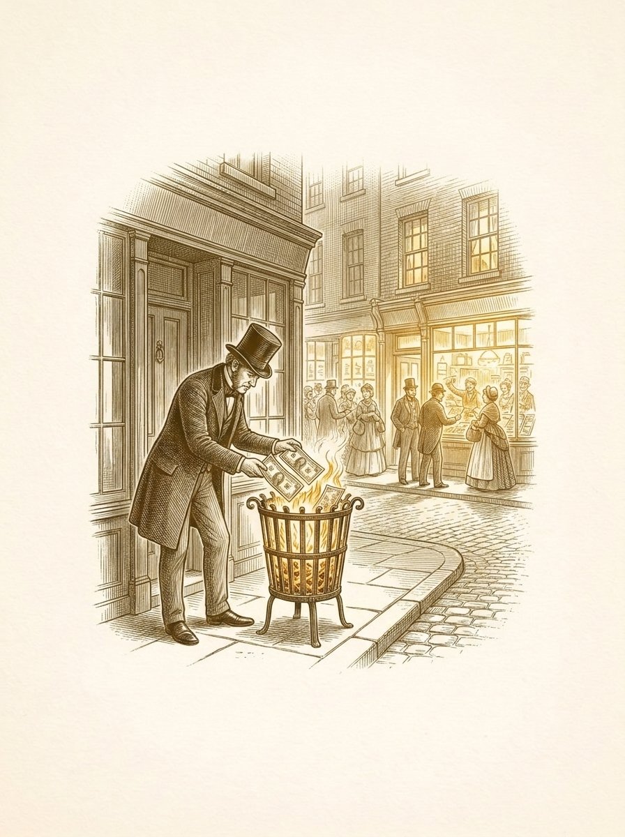 Engraved gold illustration: a shopkeeper burning banknotes in a street brazier while rival shopfronts glow