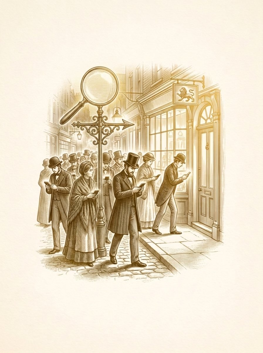 Engraved gold illustration: townsfolk queued at a magnifying-glass signpost pointing to one glowing lion shopfront