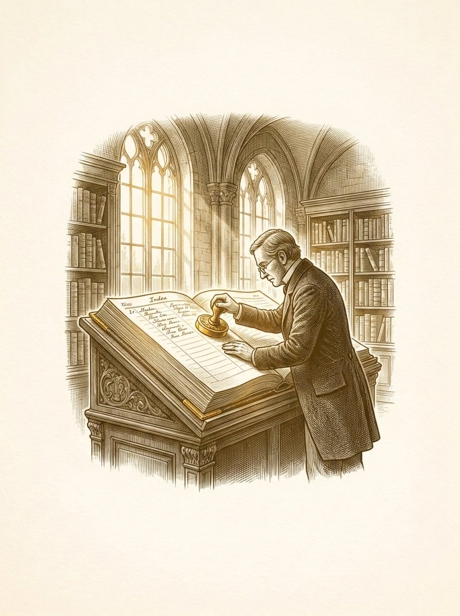 Engraved gold illustration: a librarian pressing a lion seal onto the first line of a grand index ledger