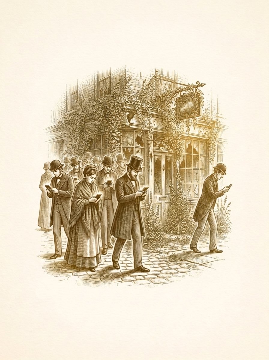 Engraved gold illustration: a once-grand shopfront overgrown with ivy as passers-by walk on without a glance