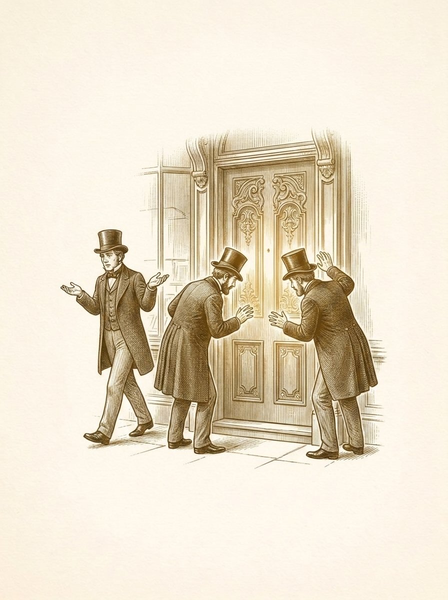 Engraved gold illustration: a polished shop door with no handle, puzzled customers inspecting it