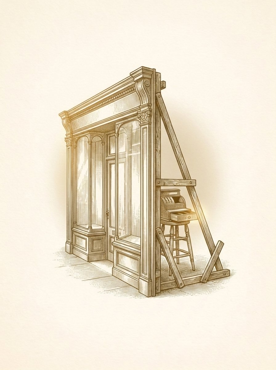 Engraved gold illustration: an ornate shopfront revealed as a thin stage-set propped up by scaffolding, an empty till behind it